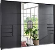 Moderner Schwebetürenschrank in dunklem Design mit Spiegel in einer hellen Raumumgebung, Frontalansicht