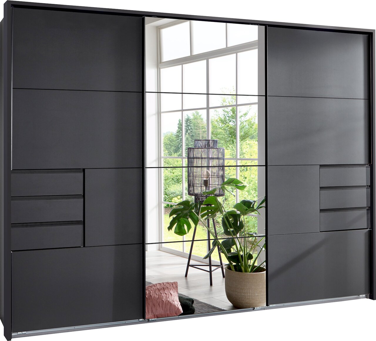 Moderner Schwebetürenschrank in dunklem Design mit Spiegel in einer hellen Raumumgebung, Frontalansicht