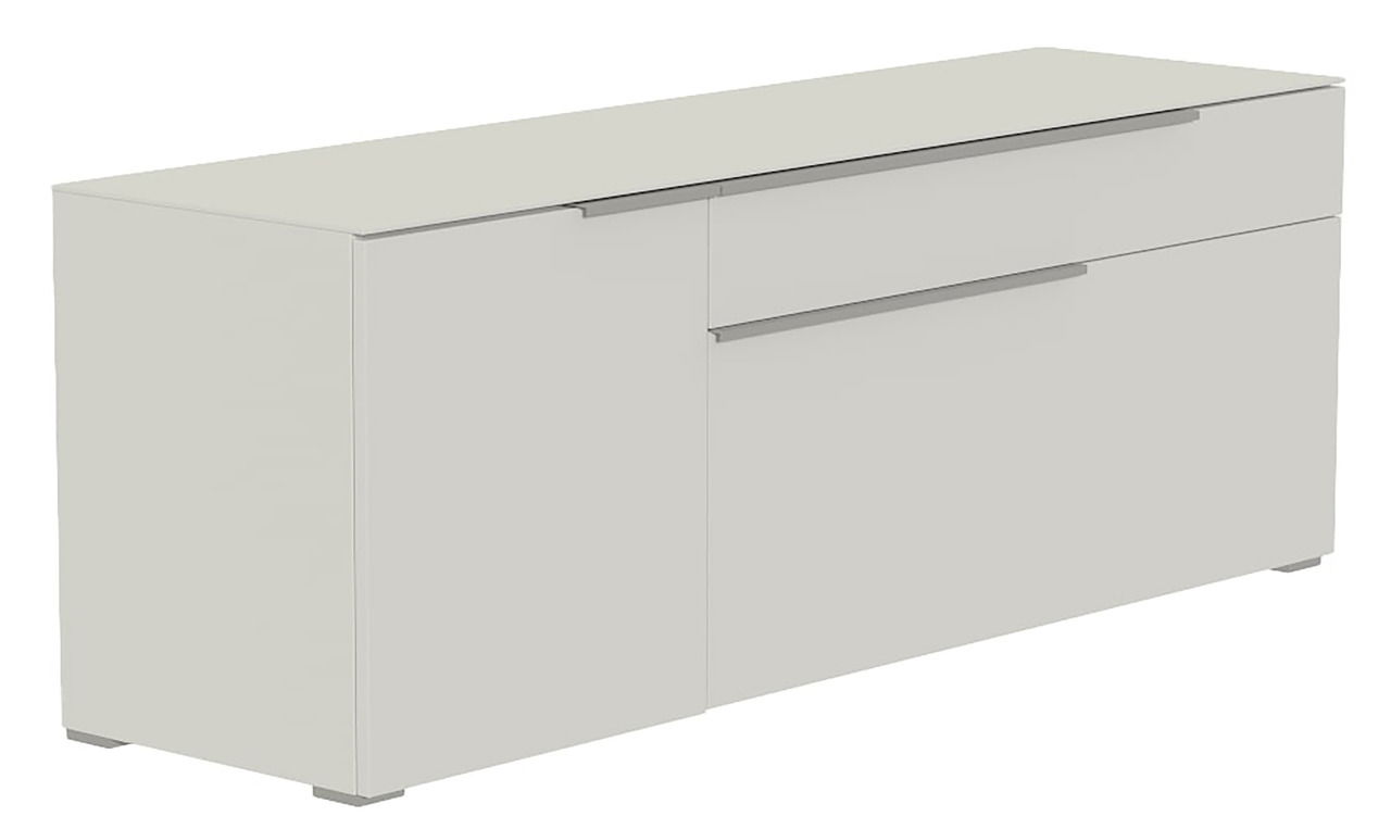 Modernes TV-Lowboard in hellem Design, seitliche Perspektive