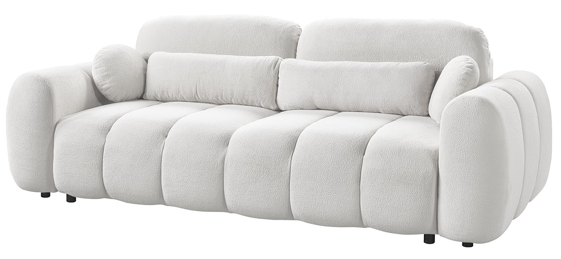 Weißes Funktionssofa mit runden Armlehnen und weichen Kissen, seitliche Perspektive