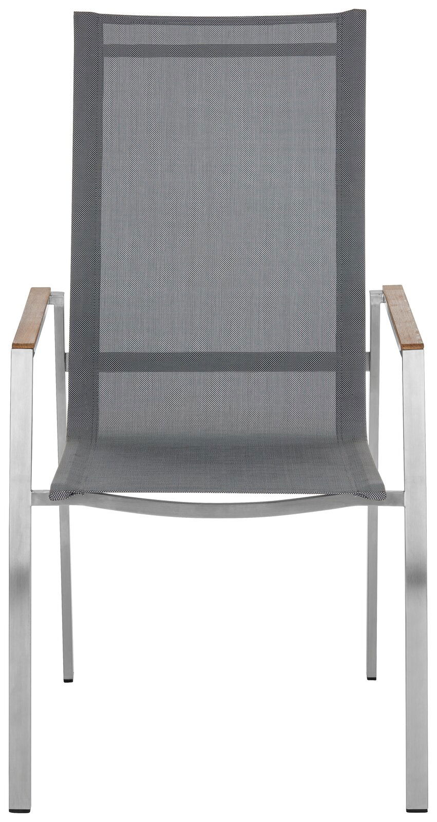 Frontansicht eines modernen Gartensessels mit grauem Netzgewebe und Armlehnen aus Holz.