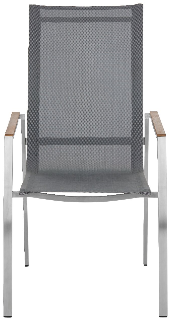 Frontansicht eines modernen Gartensessels mit grauem Netzgewebe und Armlehnen aus Holz.