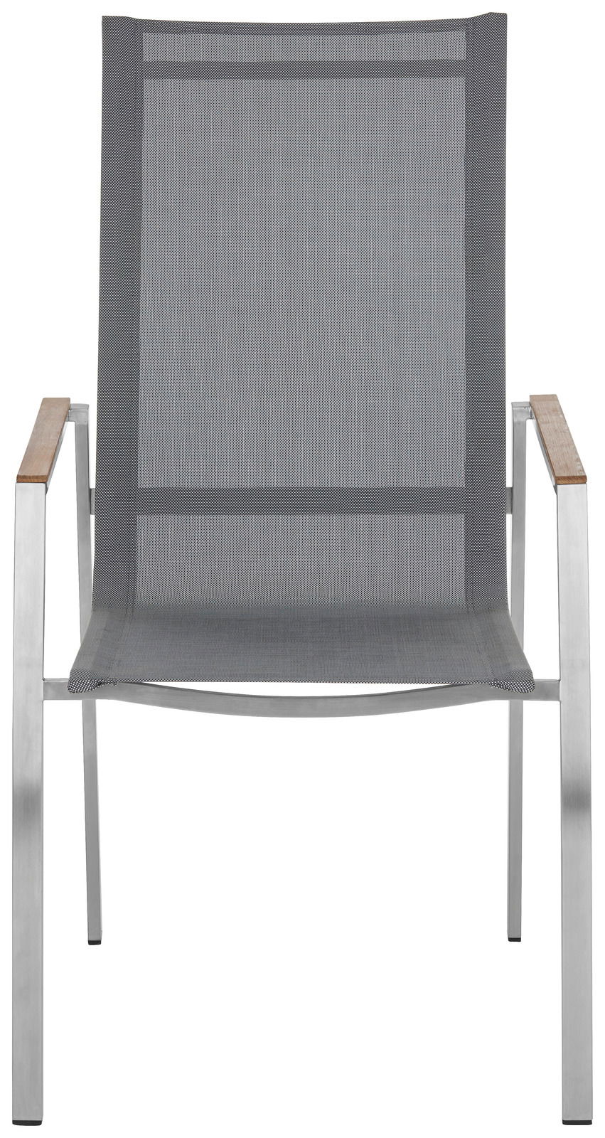 Frontansicht eines modernen Gartensessels mit grauem Netzgewebe und Armlehnen aus Holz.
