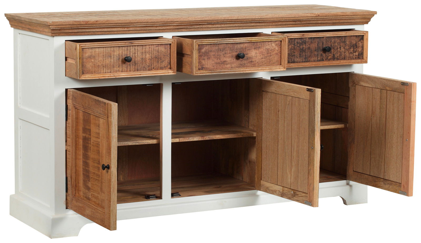 Rustikales Sideboard aus Holz mit drei offenen Schubladen und zwei geöffneten Türen, Vorderansicht.