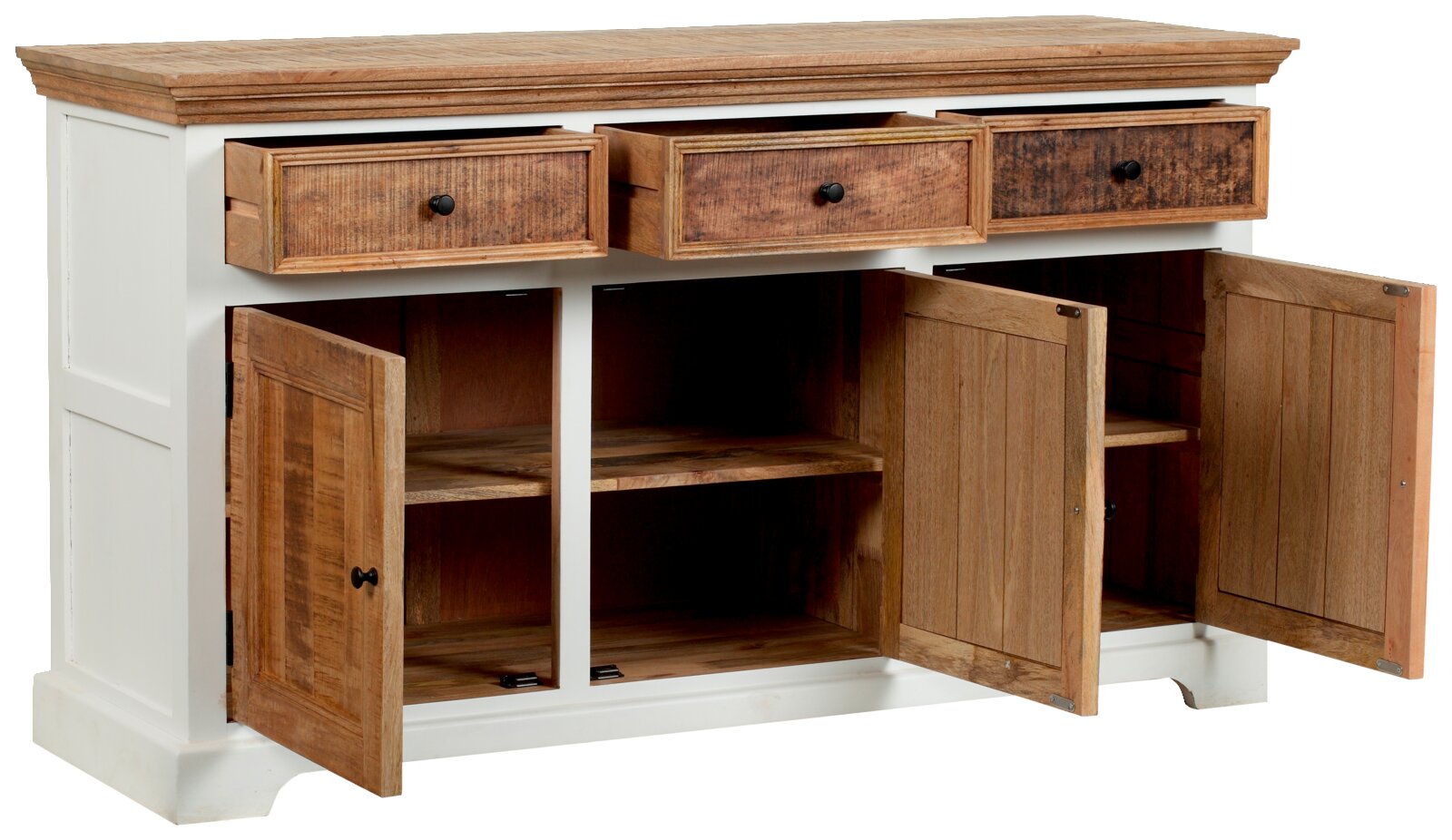 Rustiek houten dressoir met drie open lades en twee open deuren, vooraanzicht.