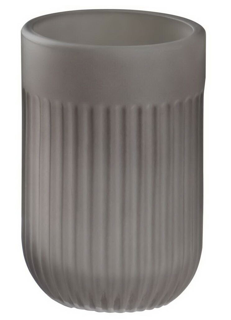 Grauer, gerippter Aufbewahrungsbecher aus Keramik, seitliche Perspektive