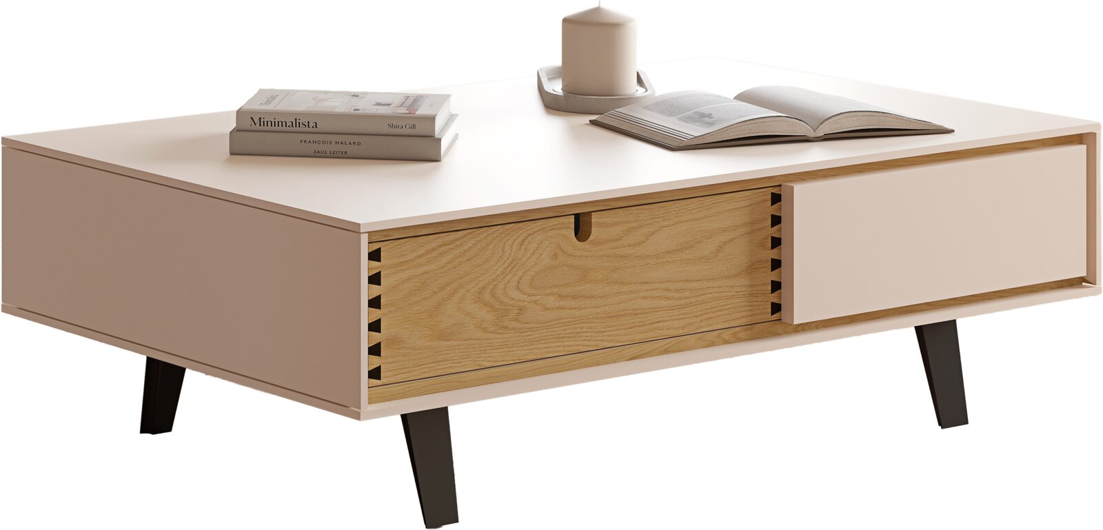 Moderner Couchtisch in Beige und Eiche-Optik mit Schublade und schwarzen schrägen Beinen, dekoriert mit Büchern und Kerze, perspektivische Ansicht schräg von vorne
