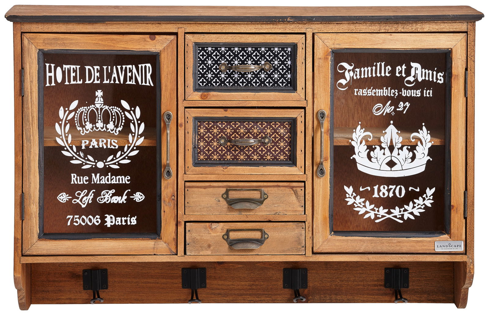 Hängevitrine im Vintage-Stil mit dekorativen Glastüren und Schubladen, frontal abgebildet.