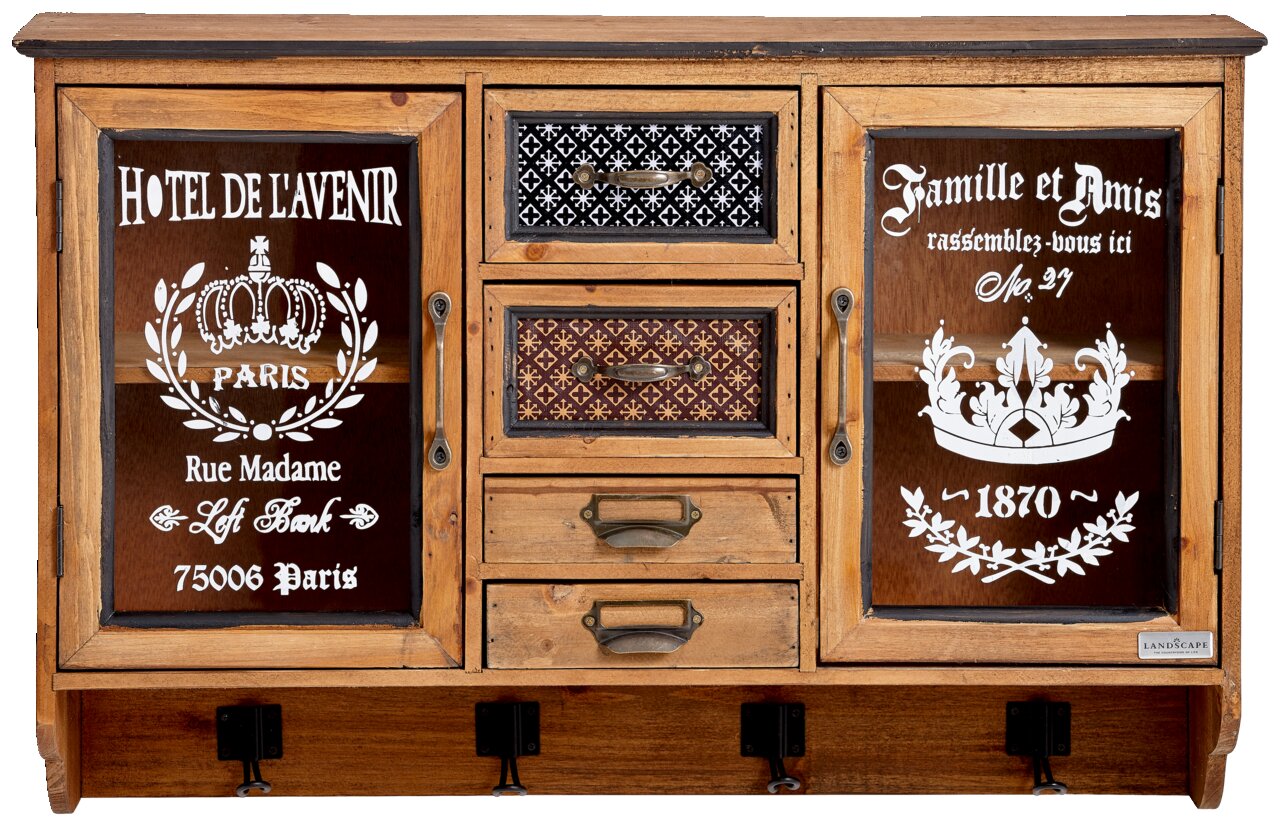 Hängevitrine im Vintage-Stil mit dekorativen Glastüren und Schubladen, frontal abgebildet.