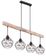 Moderne Hängeleuchte aus schwarzem Metall mit vier geometrischen Lampenschirmen und einem Holzbalken, seitliche Perspektive.