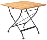 Kleiner, klappbarer Gartentisch aus Holz und Metall, seitliche Perspektive