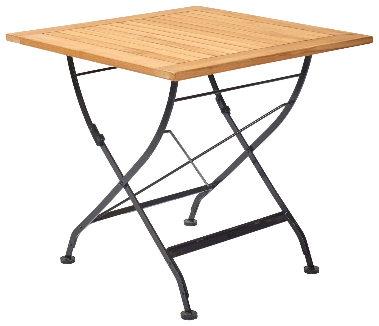 Kleiner, klappbarer Gartentisch aus Holz und Metall, seitliche Perspektive