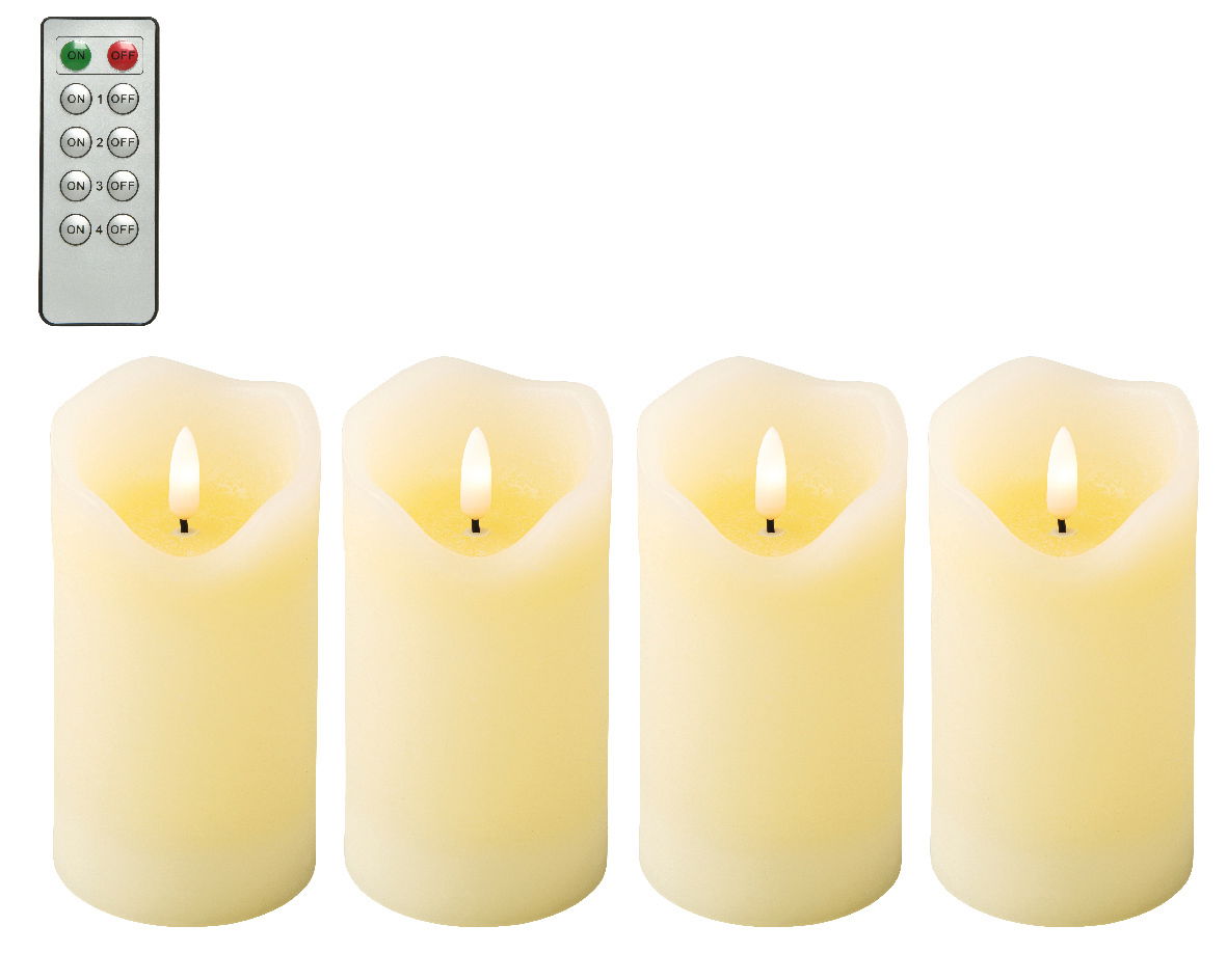 Vier cremefarbene LED-Kerzen mit flackerndem Licht und Fernbedienung, Frontalansicht