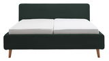 Frontale Ansicht eines Polsterbettgestells mit dunkelgrünem Stoffbezug und Holzfüßen, ausgestattet mit zwei weißen Matratzen.