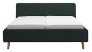 Frontale Ansicht eines Polsterbettgestells mit dunkelgrünem Stoffbezug und Holzfüßen, ausgestattet mit zwei weißen Matratzen.