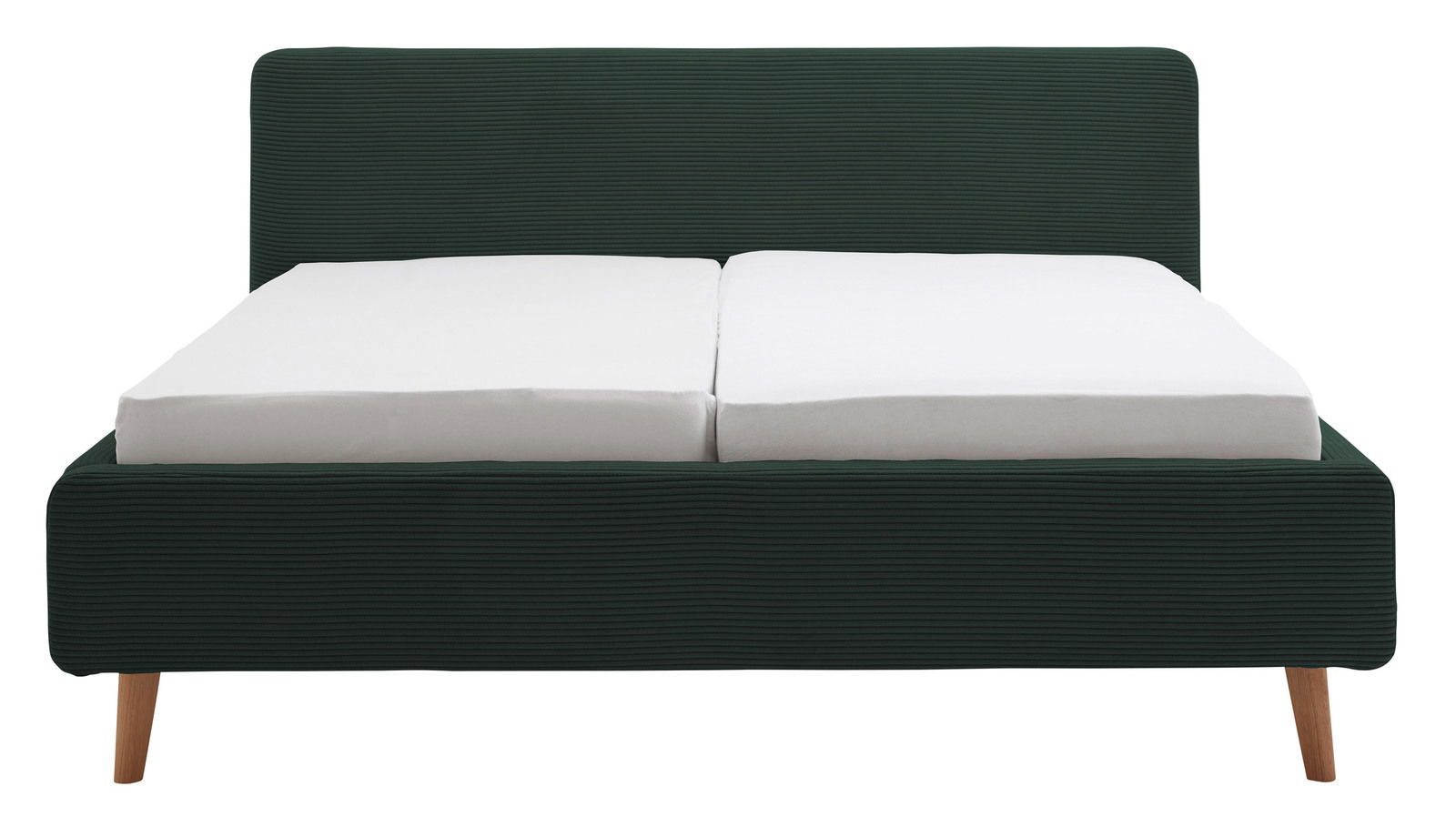 Frontale Ansicht eines Polsterbettgestells mit dunkelgrünem Stoffbezug und Holzfüßen, ausgestattet mit zwei weißen Matratzen.