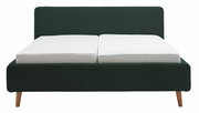 Frontale Ansicht eines Polsterbettgestells mit dunkelgrünem Stoffbezug und Holzfüßen, ausgestattet mit zwei weißen Matratzen.