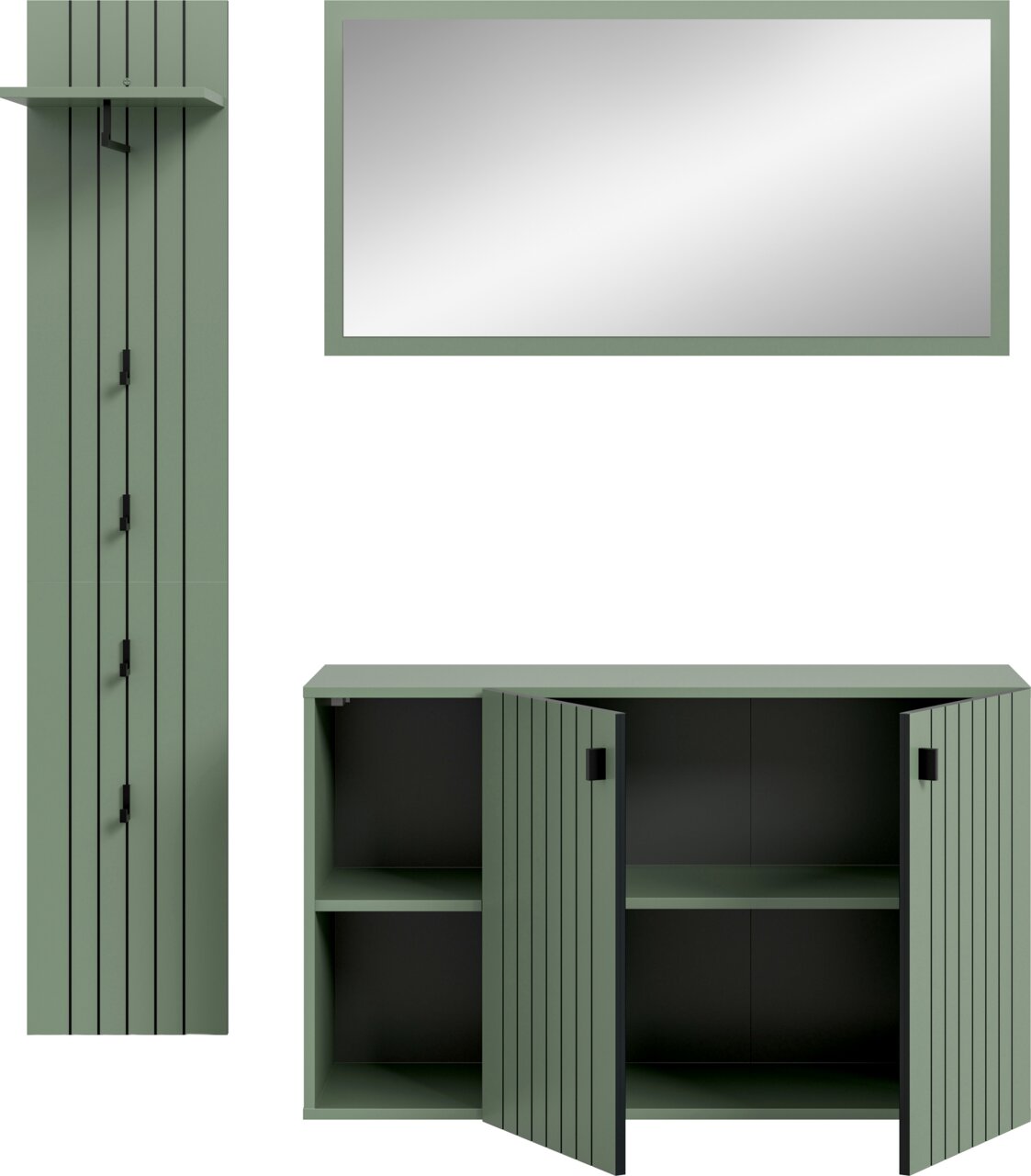Grünes Sideboard mit gerillten Türen und schwarzen Griffen, beide Türen geöffnet und Blick auf die Innenfächer, frontal aus leicht erhöhter Perspektive