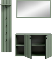 Grünes Sideboard mit gerillten Türen und schwarzen Griffen, beide Türen geöffnet und Blick auf die Innenfächer, frontal aus leicht erhöhter Perspektive