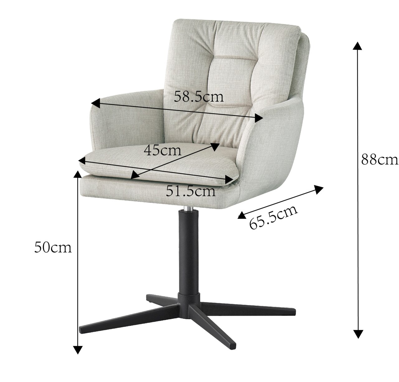 De INGO-fauteuil in zijaanzicht met gestoffeerde zitting en rugleuning, afmetingen: 88 cm hoog, 65,5 cm diep, 58,5 cm breed.