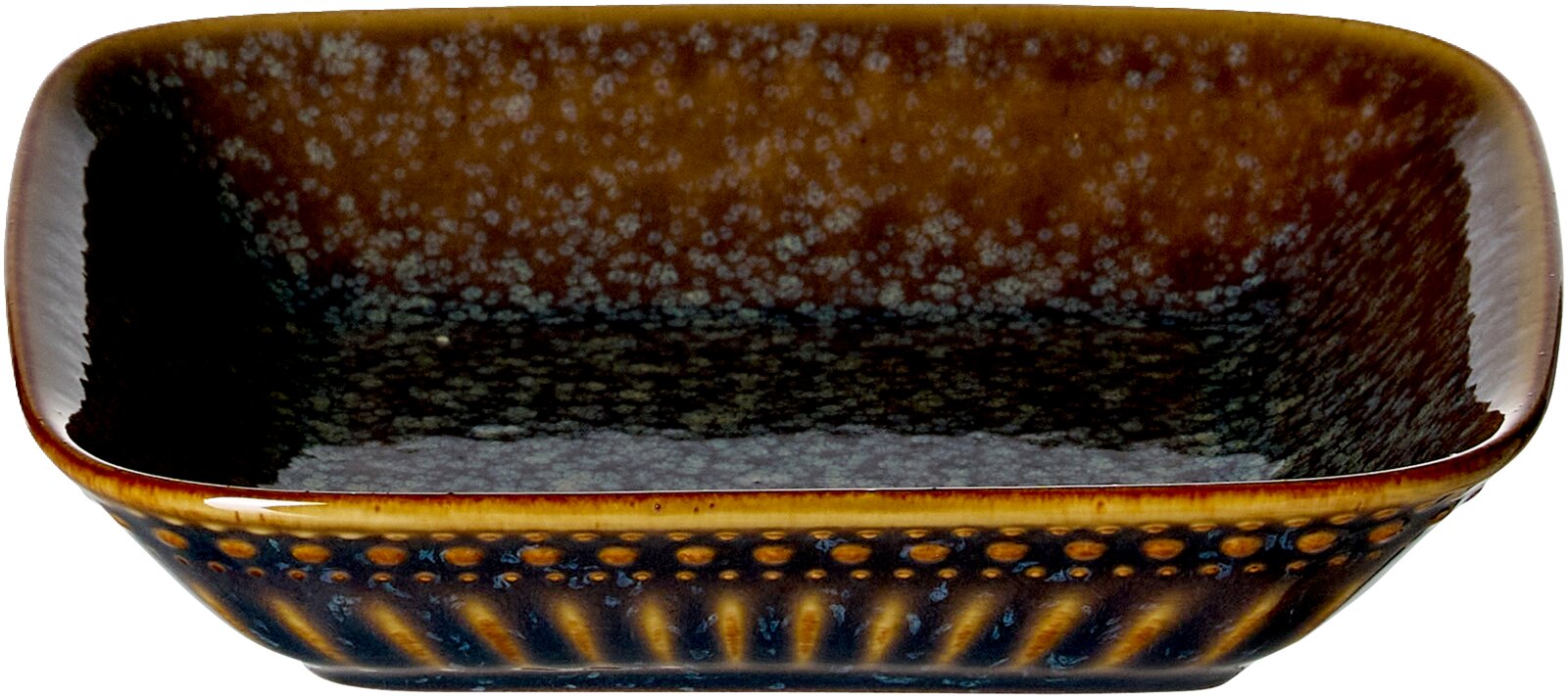 Beilagenschale TROMS von Ritzenhoff & Breker, 12,5 cm, in einer frontalen Perspektive. Die Schale hat ein dunkles, gesprenkeltes Design mit braunen und blauen Tönen.