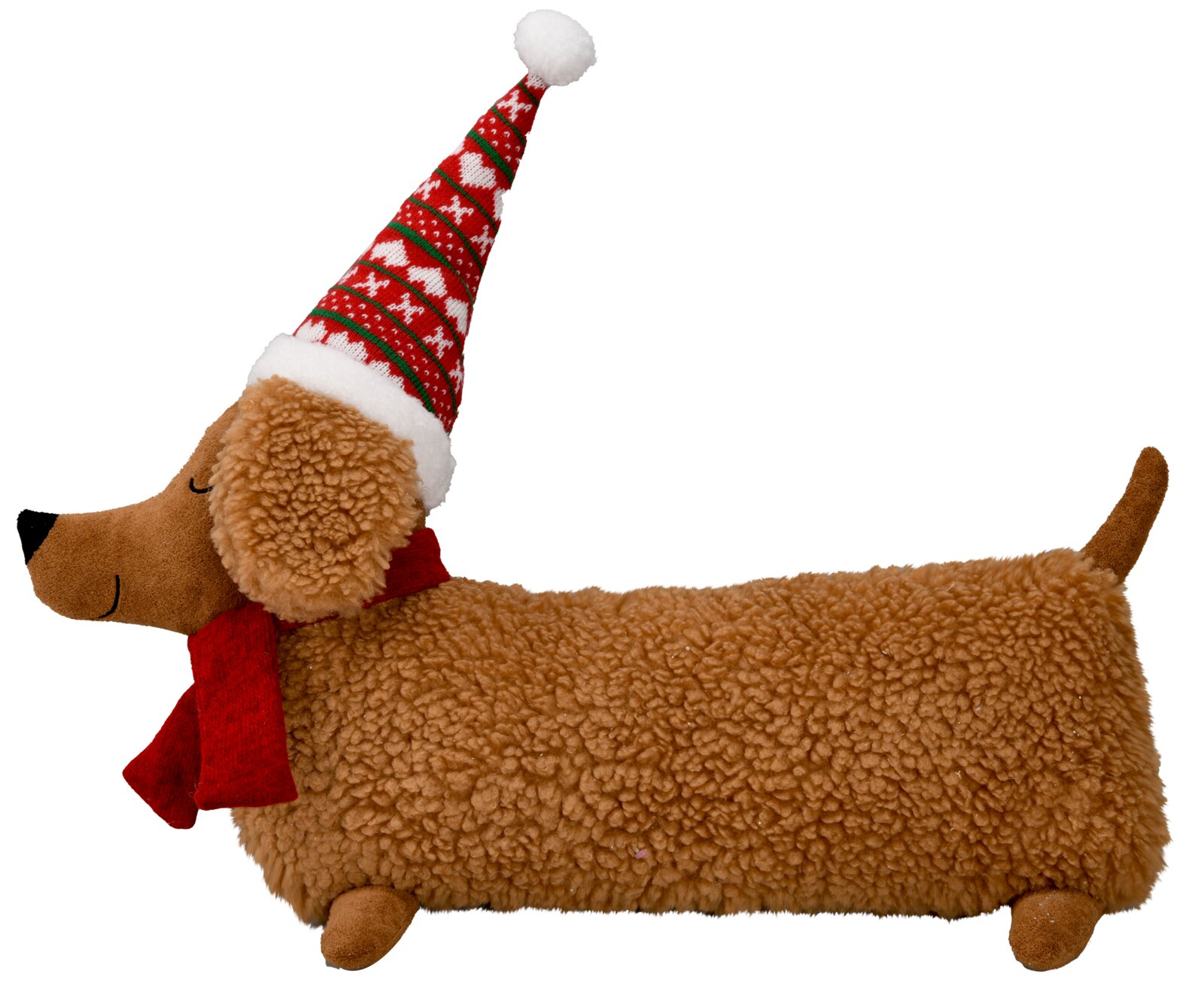 Pluche sierkussen in de vorm van een teckel met een rode kerstmuts en sjaal, zijaanzicht