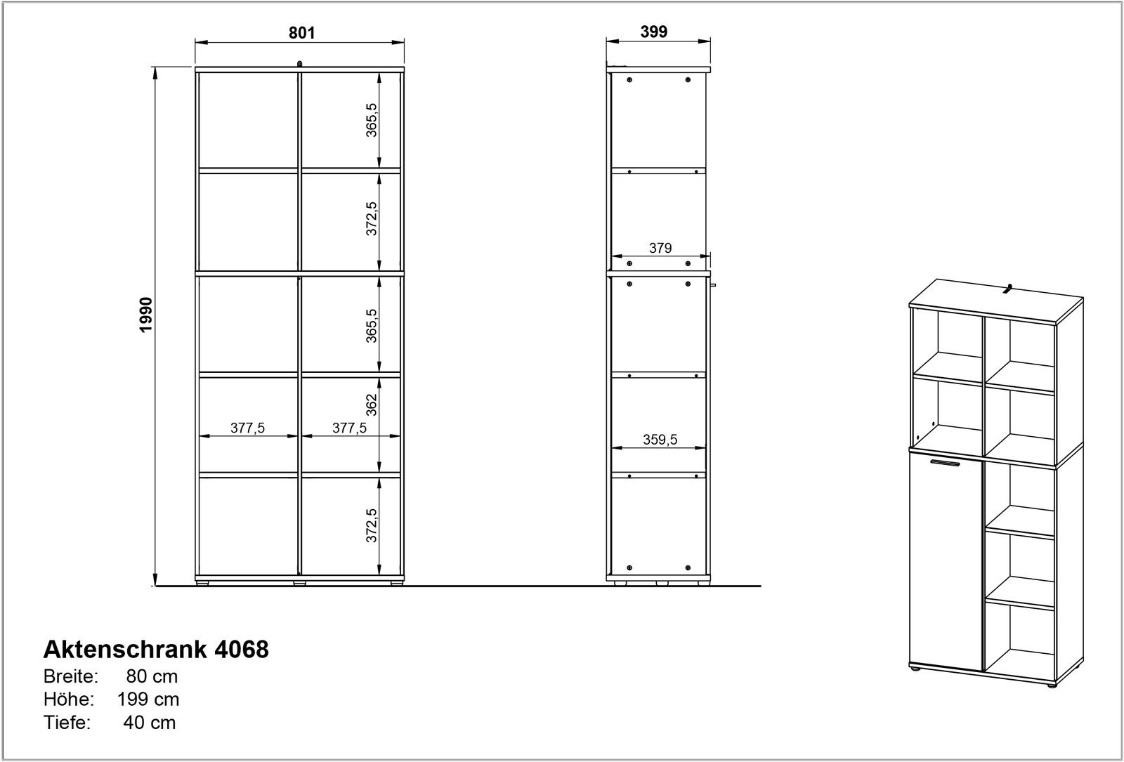 Aktenschrank 4068, Frontansicht und Seitenansicht, Breite 80 cm, Höhe 199 cm, Tiefe 40 cm