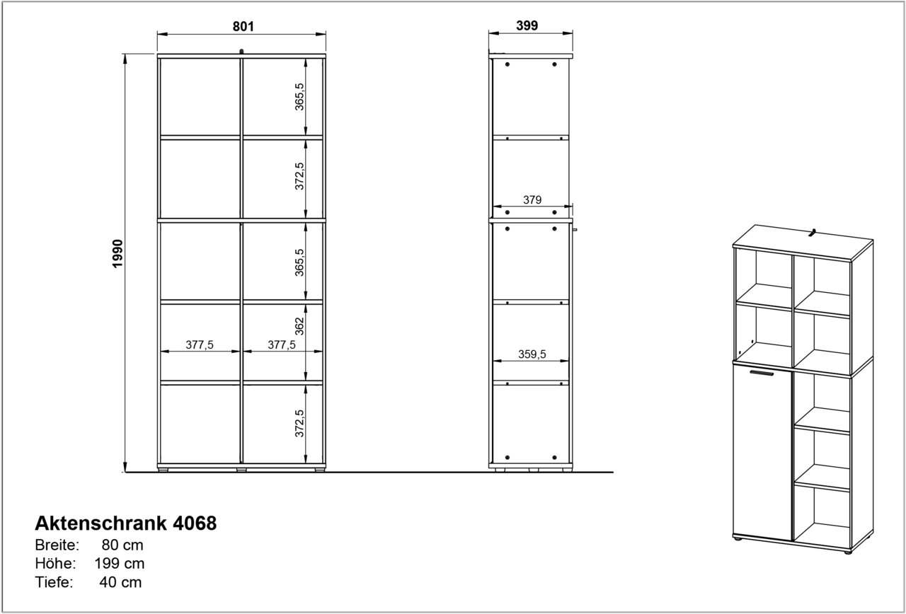 Aktenschrank 4068, Frontansicht und Seitenansicht, Breite 80 cm, Höhe 199 cm, Tiefe 40 cm