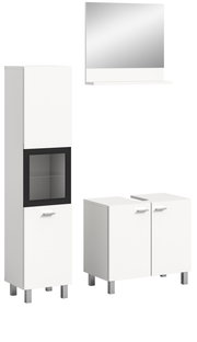 Moderne Badkombination BOSTON in Weiß mit Spiegel, hohem Schrank und zwei Unterschränken, frontal abgebildet.