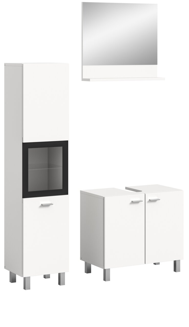 Moderne Badkombination BOSTON in Weiß mit Spiegel, hohem Schrank und zwei Unterschränken, frontal abgebildet.