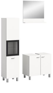 Moderne Badkombination BOSTON in Weiß mit Spiegel, hohem Schrank und zwei Unterschränken, frontal abgebildet.