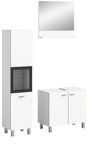 Moderne Badkombination BOSTON in Weiß mit Spiegel, hohem Schrank und zwei Unterschränken, frontal abgebildet.