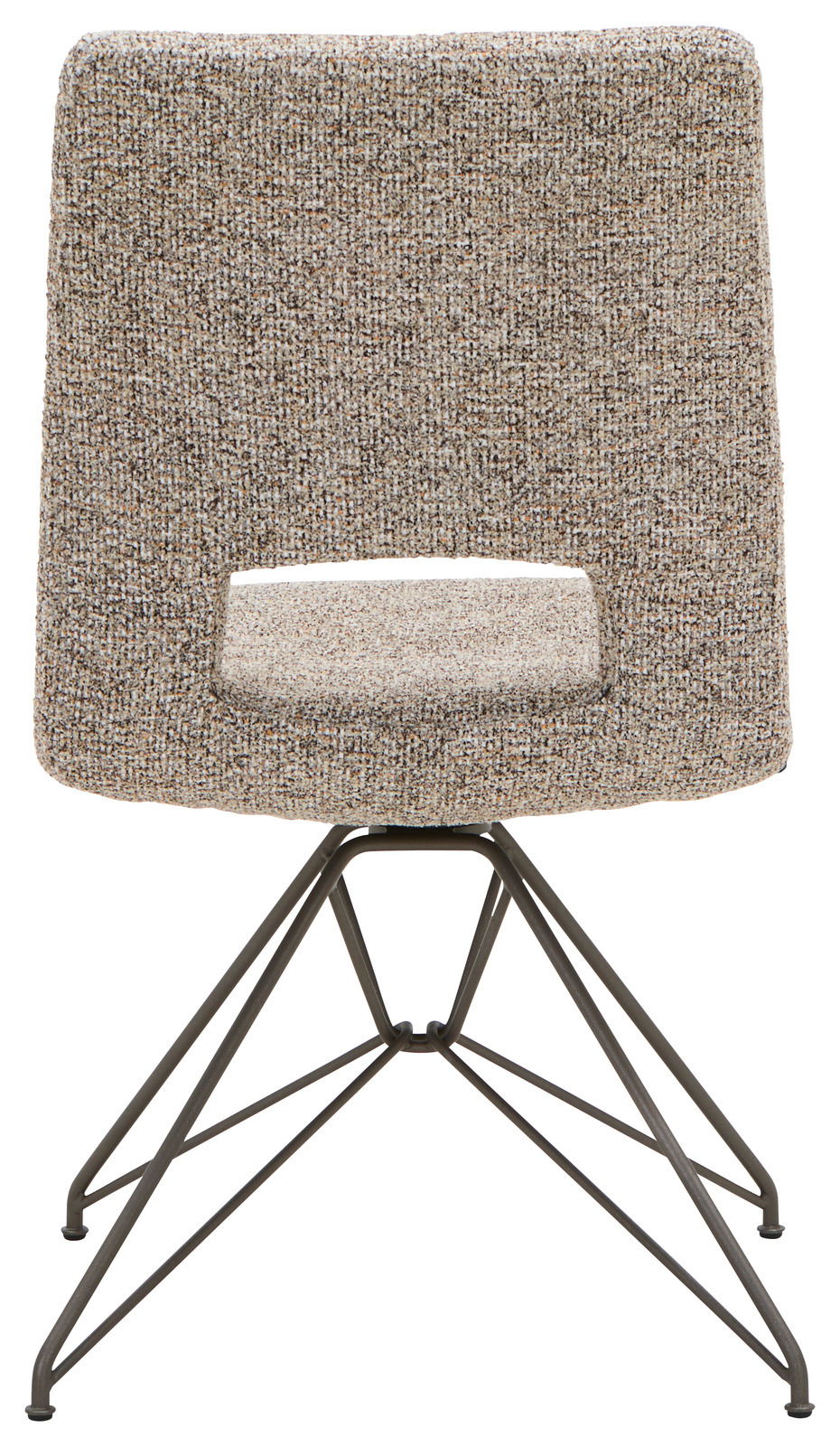 Rückansicht eines modernen Stuhls mit gepolsterter Rückenlehne und Metallgestell.