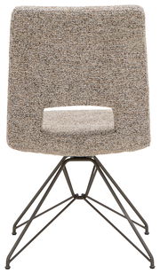 Rückansicht eines modernen Stuhls mit gepolsterter Rückenlehne und Metallgestell.