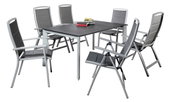 Gartenmöbel-Set mit sechs grauen Stühlen und einem Tisch, seitliche Perspektive