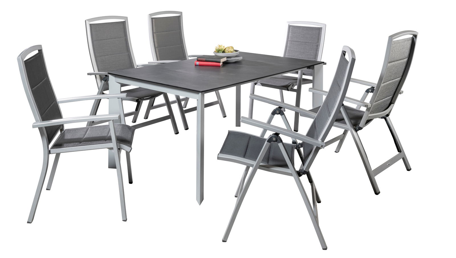 Gartenmöbel-Set mit sechs grauen Stühlen und einem Tisch, seitliche Perspektive