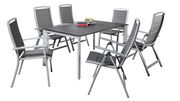Gartenmöbel-Set mit sechs grauen Stühlen und einem Tisch, seitliche Perspektive