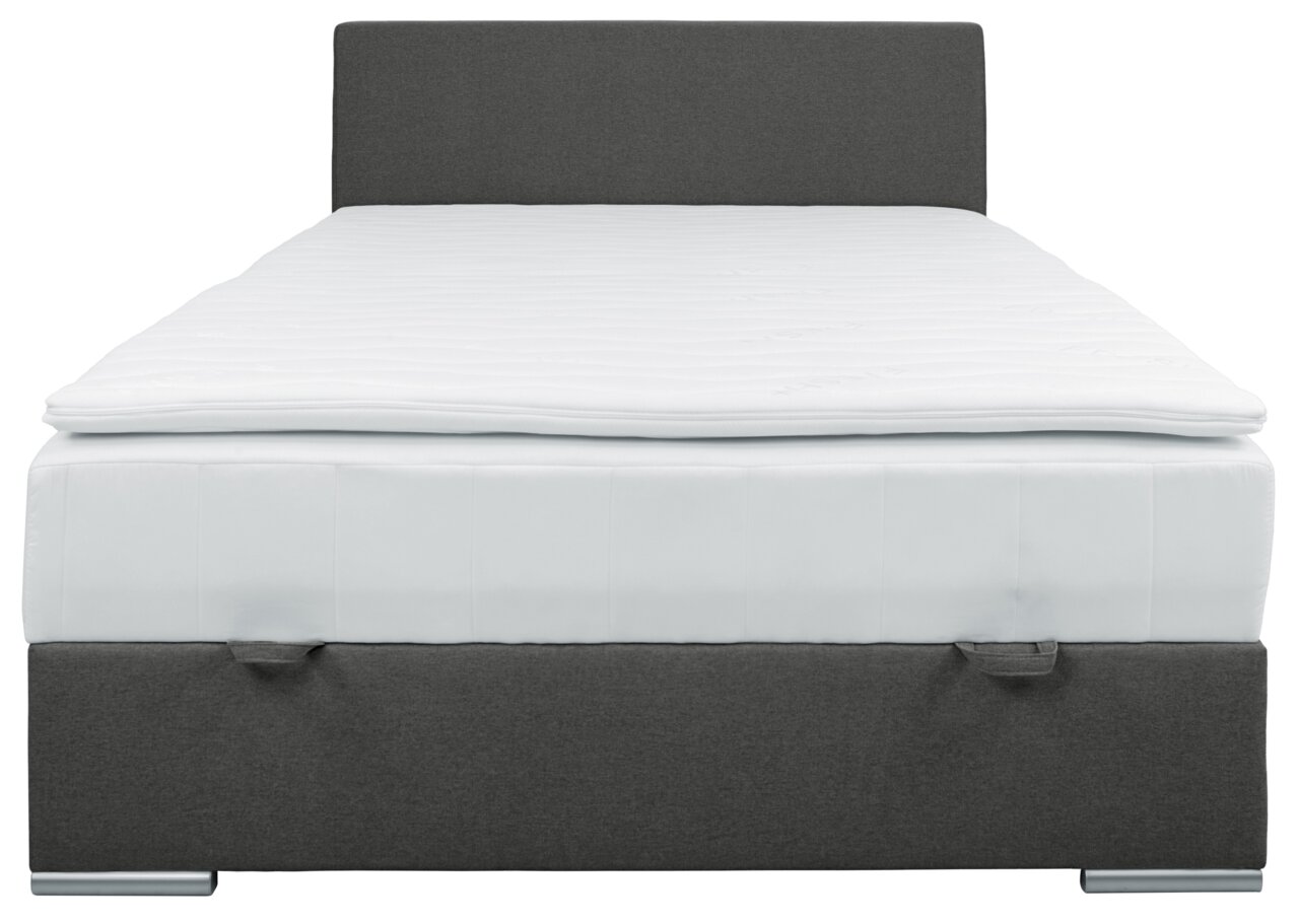 Frontale Ansicht eines Boxbetts 140 mit grauem Kopfteil und weißer Matratze.