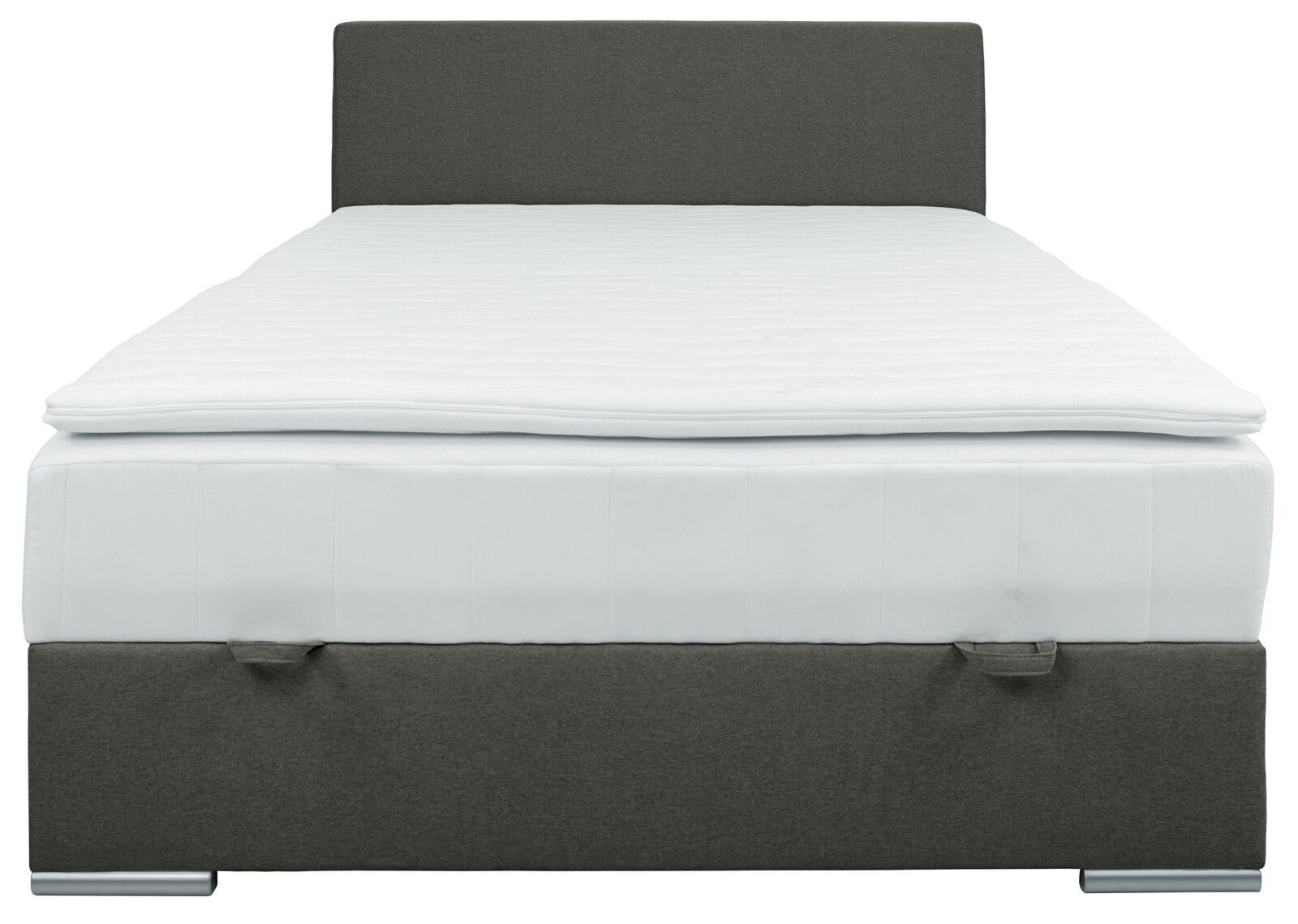 Frontale Ansicht eines Boxbetts 140 mit grauem Kopfteil und weißer Matratze.