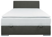 Frontale Ansicht eines Boxbetts 140 mit grauem Kopfteil und weißer Matratze.