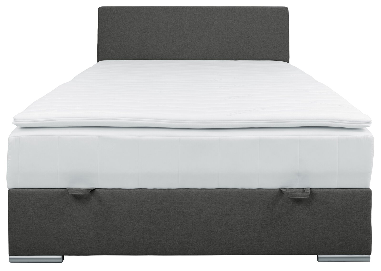 Frontale Ansicht eines Boxbetts 140 mit grauem Kopfteil und weißer Matratze.