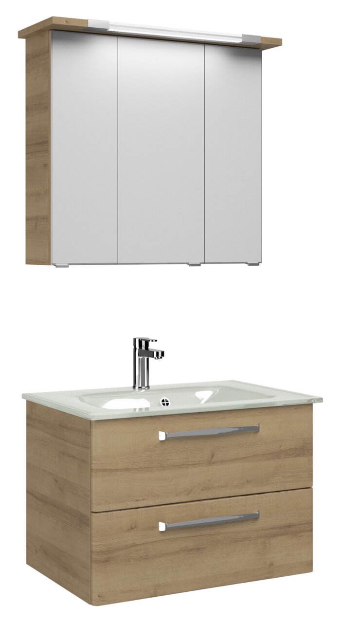 Moderner Badblock mit Spiegelschrank und Waschbeckenunterschrank in Holzoptik, Frontansicht