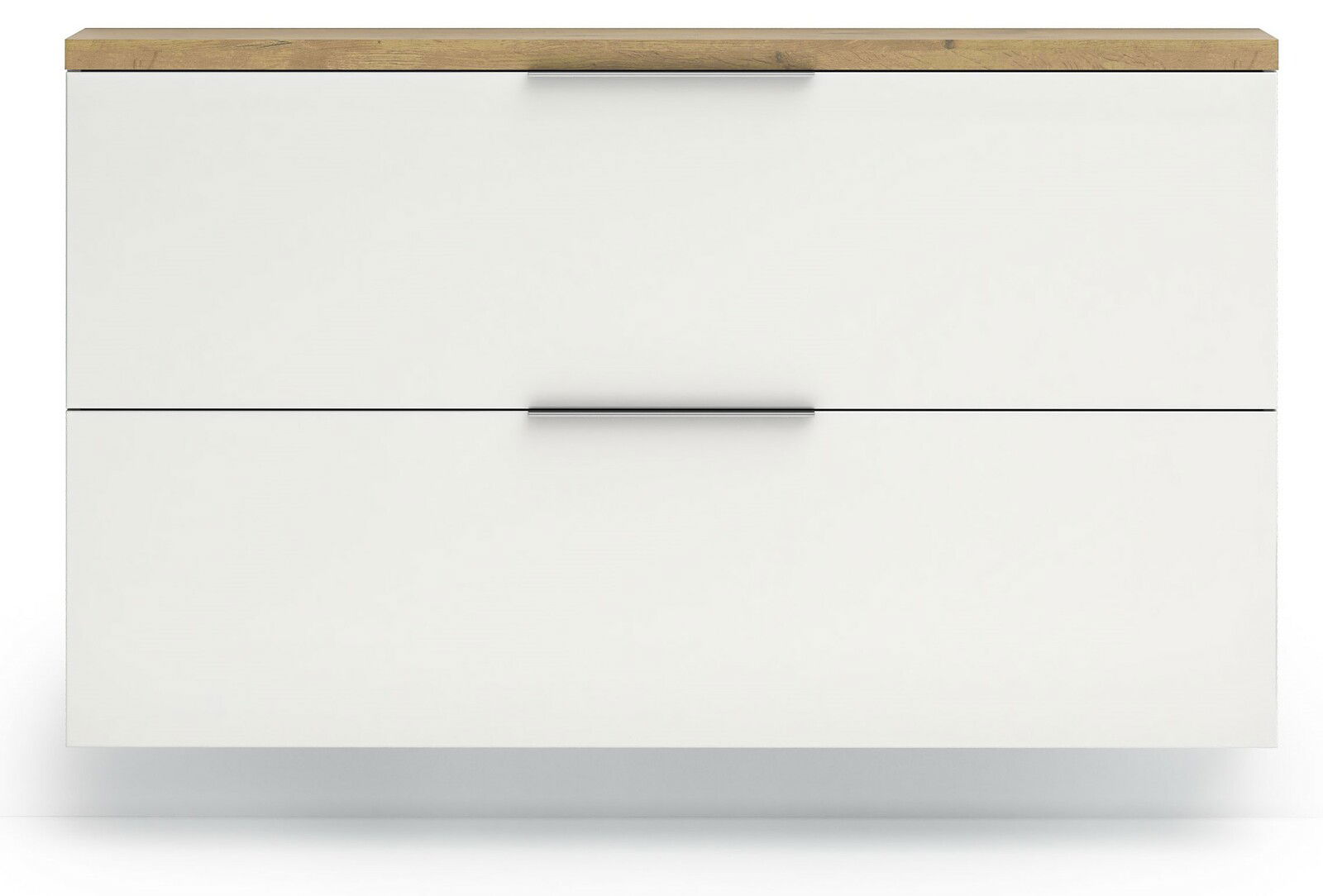 Moderner Hängeschuhschrank in Weiß mit Holzoberfläche, Frontalansicht