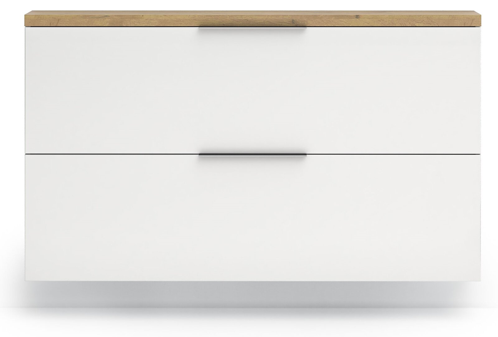 Moderner Hängeschuhschrank in Weiß mit Holzoberfläche, Frontalansicht