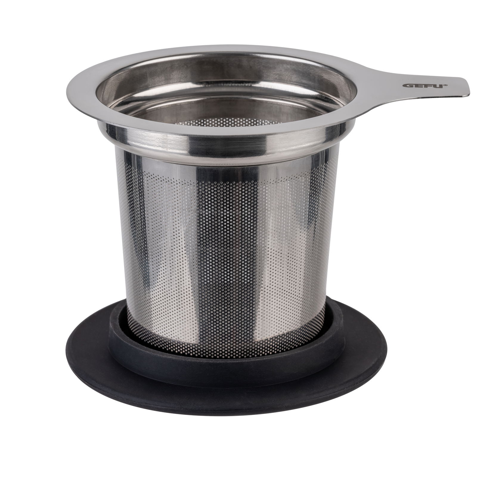 Edelstahl-Teefilter mit Griff, seitliche Perspektive