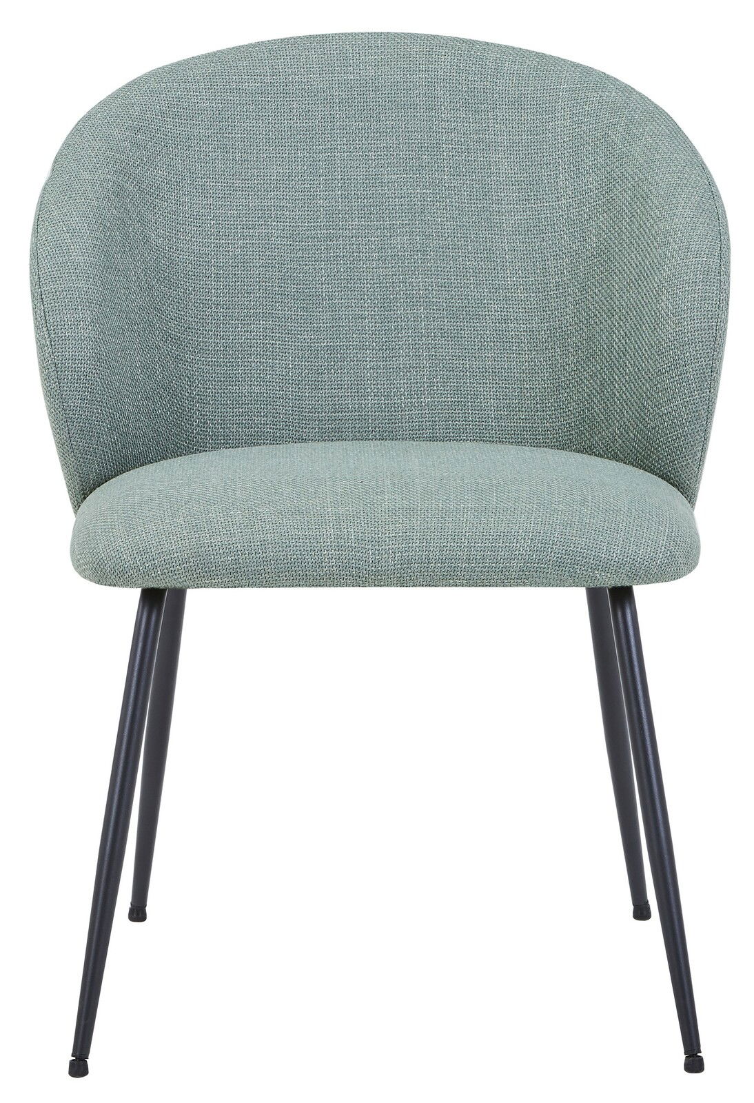Moderner Stuhl mit grünem Stoffbezug und schwarzen Metallbeinen, Frontalansicht.