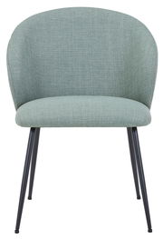 Moderner Stuhl mit grünem Stoffbezug und schwarzen Metallbeinen, Frontalansicht.