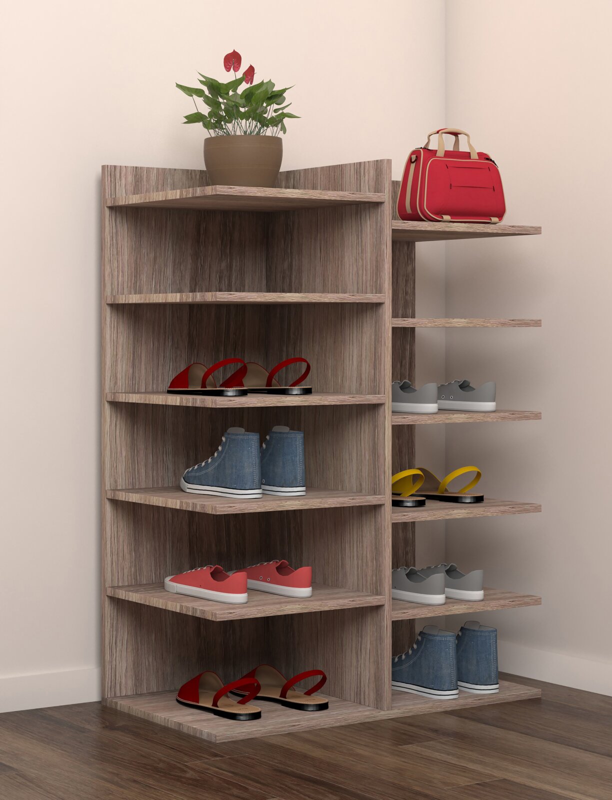 Modernes Schuhregal aus Holzdekor mit mehreren offenen Ablagen, befüllt mit Schuhen; oben stehen eine Topfpflanze und eine rote Tasche – Ansicht schräg von vorn.