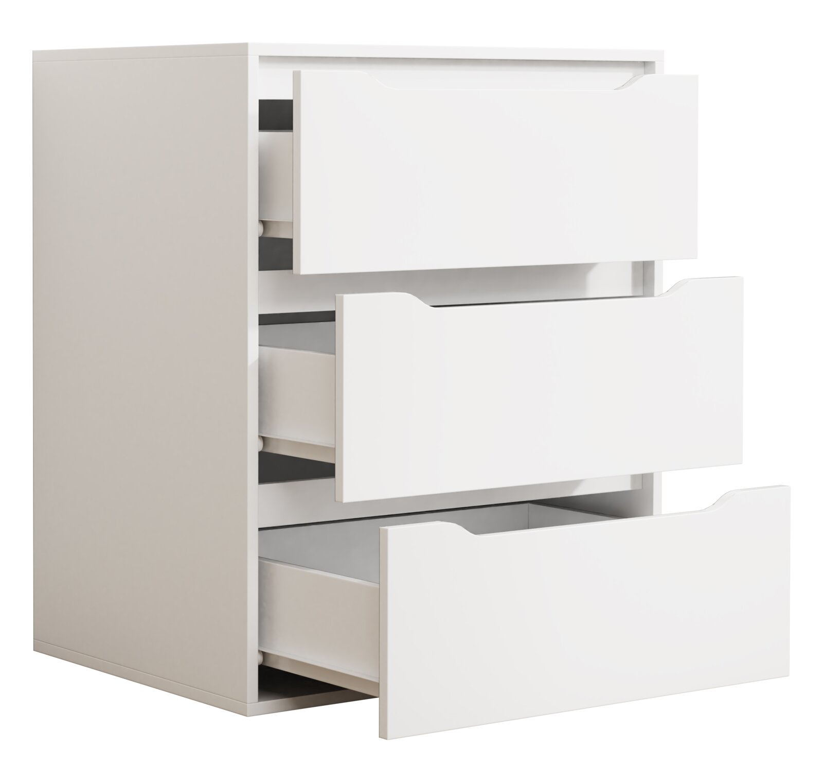 Weiße Kommode mit mehreren Schubladen, teilweise geöffnet, Detailansicht aus schräger Frontperspektive vor hellem Hintergrund