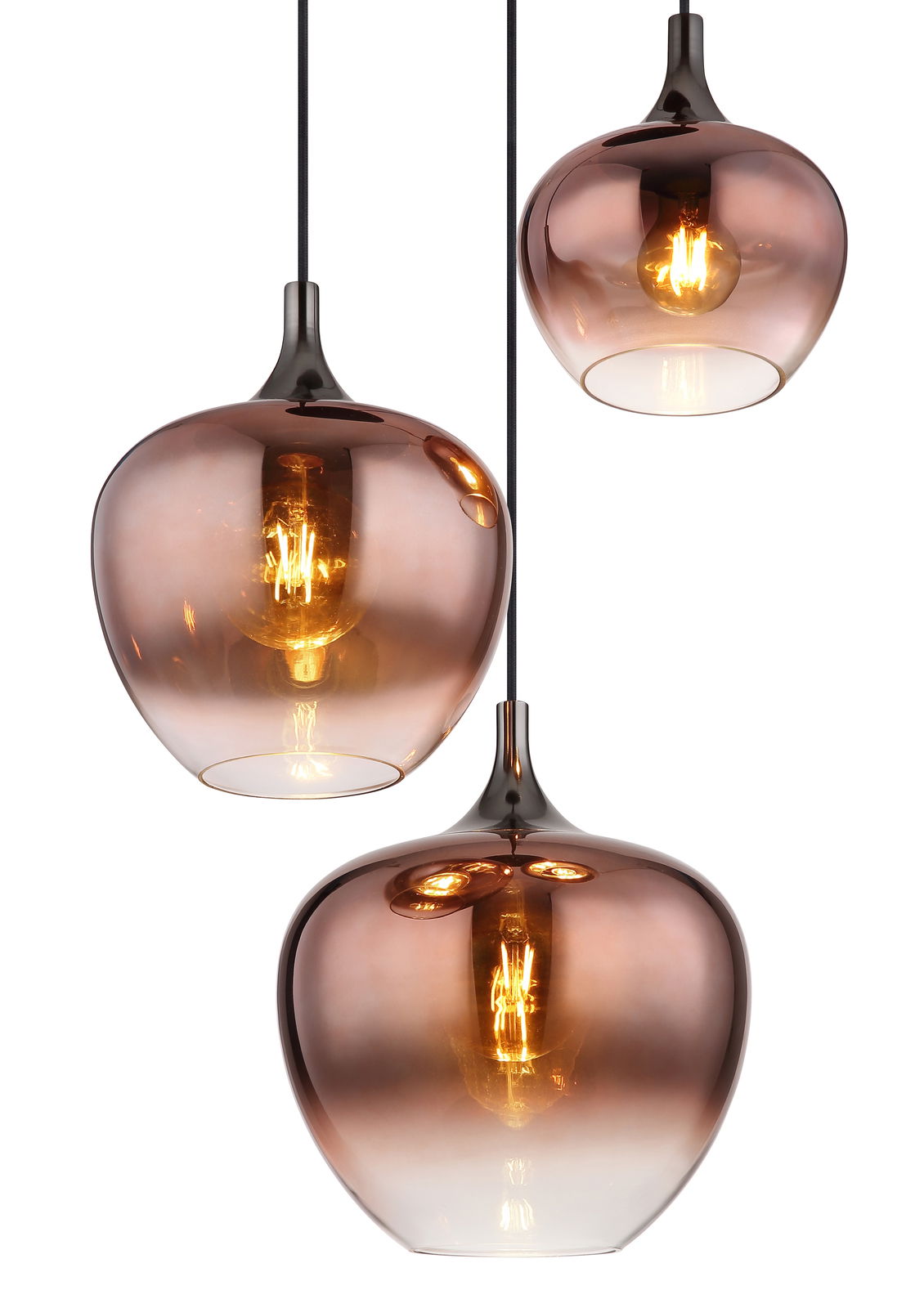 Globo Lighting Hängeleuchte MAXY Drei Hängeleuchten MAXY mit rauchfarbenen Glaskörpern und sichtbaren Glühbirnen, aus der Seitenperspektive fotografiert.